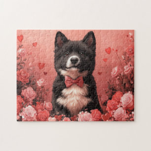 Amerikanischer Akita mit Rosen - Valentinstag