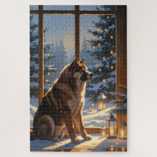Amerikanischer Akita mit Weihnachtsbeleuchtung Fei