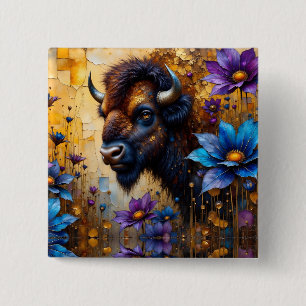 Amerikanischer Bison in texturiertem Blumenporträt Button