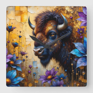 Amerikanischer Bison in texturiertem Blumenporträt Quadratische Wanduhr