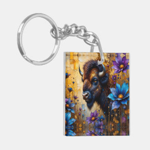 Amerikanischer Bison in texturiertem Blumenporträt Schlüsselanhänger