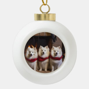 Amerikanischer Eskimo am Kamin Weihnachten Keramik Kugel-Ornament