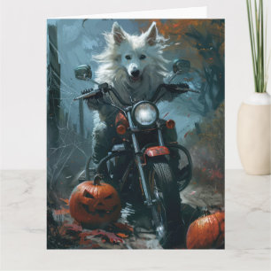Amerikanischer Eskimo fährt Motorrad Halloween Gru Karte