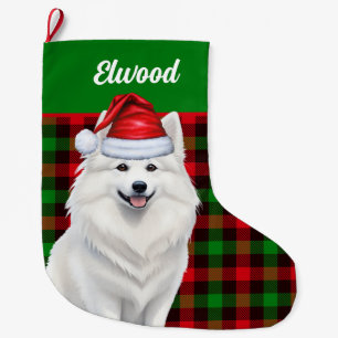 Amerikanischer Eskimo Hund Kariert mit Name Großer Weihnachtsstrumpf