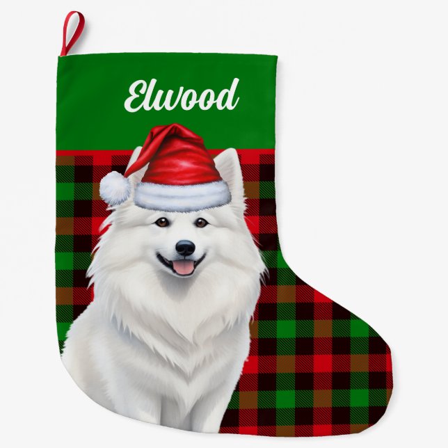 Amerikanischer Eskimo Hund Kariert mit Name Großer Weihnachtsstrumpf (Vorderseite)