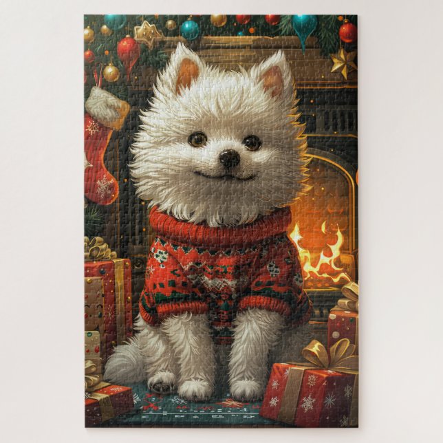 Amerikanischer Eskimo Hund mit Weihnachtsgeschenke (Vertikal)