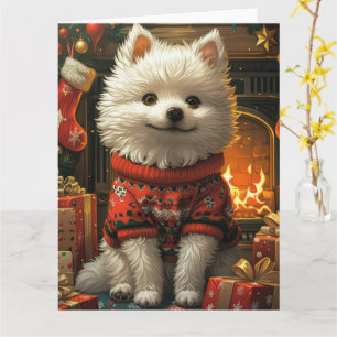 Amerikanischer Eskimo Hund mit Weihnachtsgeschenke Karte
