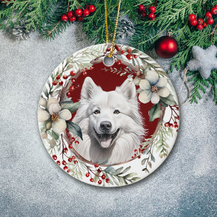 Amerikanischer Eskimo Hund Rustikaler Weihnachtskr Keramik Ornament