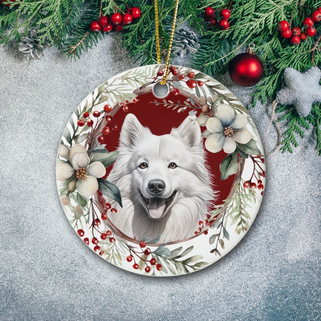 Amerikanischer Eskimo Hund Rustikaler Weihnachtskr Keramik Ornament (Von Creator hochgeladen)