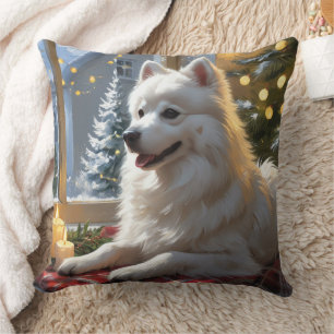 Amerikanischer Eskimo mit Weihnachtslichtern Urlau Kissen