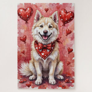 Amerikanischer Eskimo-Valentinstag-Hund mit Herzen
