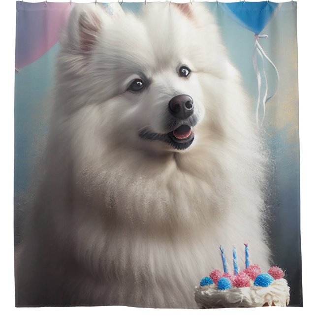 Amerikanischer Eskimohund mit Ballons Geburtstag Duschvorhang (Vorderseite)