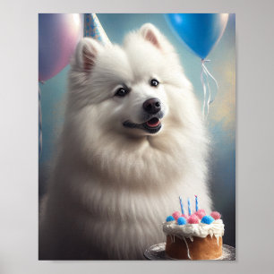 Amerikanischer Eskimohund mit Luftballons zum Gebu Poster