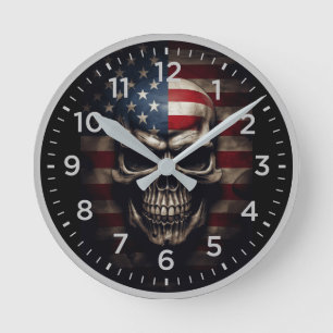 Amerikanischer Flaggen-Schädel Runde Wanduhr
