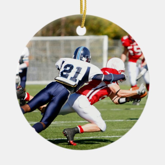 Amerikanischer Fußball-Weihnachtsverzierungen Keramikornament (Vorne)