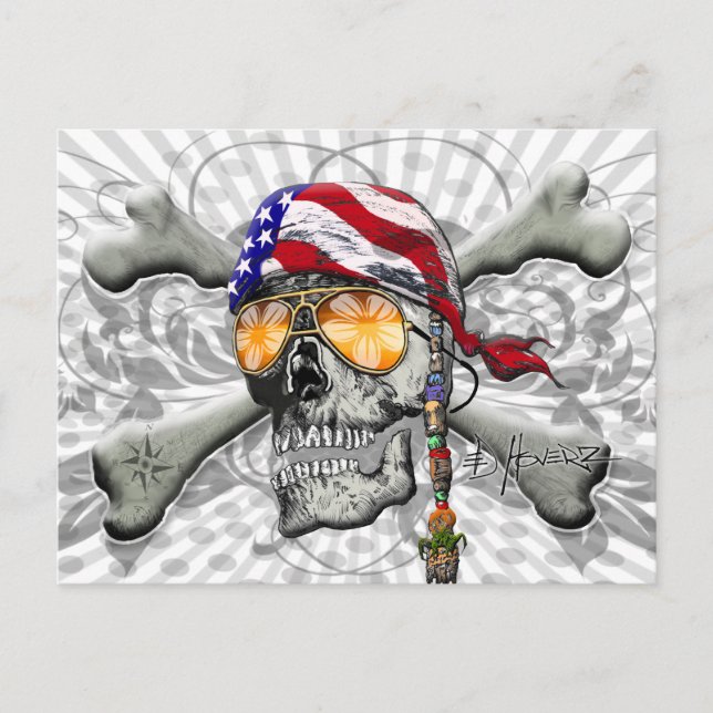 Amerikanischer Piratenschädel und Kreuzknochen Postkarte (Vorderseite)