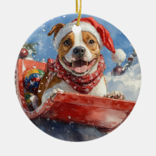 Amerikanischer Staffordshire auf Schlitten Weihnac Keramik Ornament