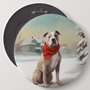Amerikanischer Staffordshire Hund im Schnee Weihna Button