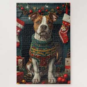 Amerikanischer Staffordshire-Hund mit Weihnachtsge