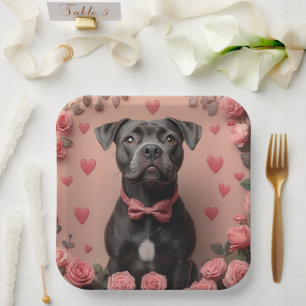 Amerikanischer Staffordshire mit Rosen -Valentinst Pappteller