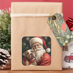 Amerikanischer Staffordshire mit Weihnachtsmann We Quadratischer Aufkleber