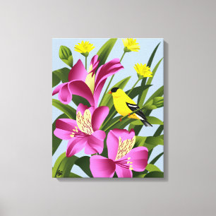 Amerikanischer Stieglitz und Alstroemeria-Blumenku Leinwanddruck