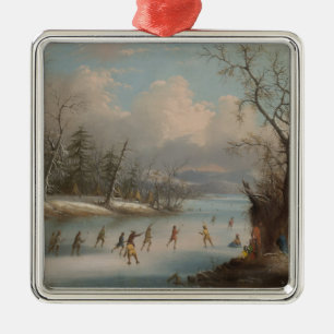 Amerikanischer Ureinwohner, der Lacrosse auf dem Silbernes Ornament