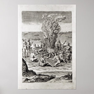Amerikanischer Ureinwohner, der um ein Feuer, Poster