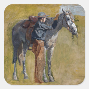 Amerikanisches Badlands: Old West Cowboy mit Pferd Quadratischer Aufkleber