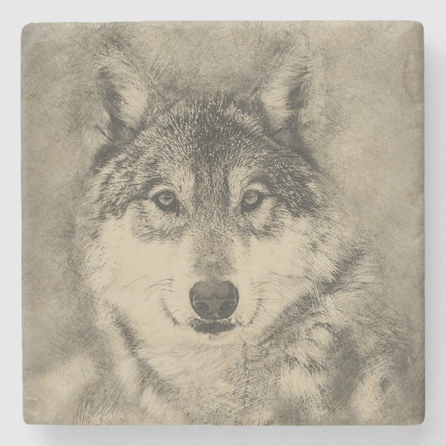 Amerikanisches Bauholz-Wolf-Bleistift-Zeichnen Steinuntersetzer (Vorderseite)