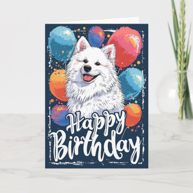 Amerikanisches Eskimo mit Balloons Geburtstag Karte (Vorderseite)