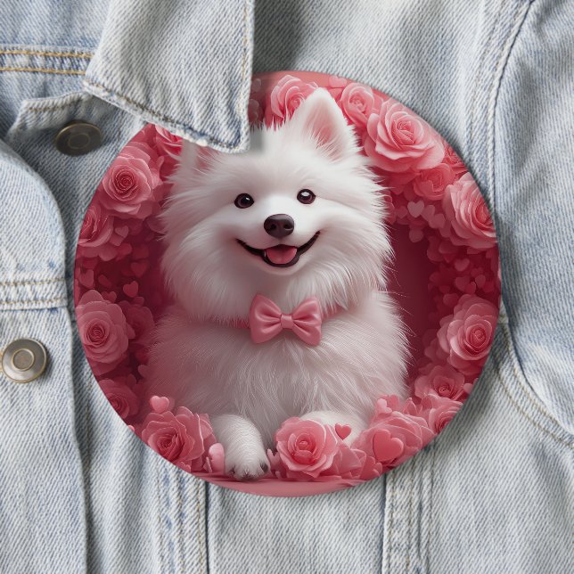 Amerikanisches Eskimo mit Rose - Valentinstag Button (Beispiel)