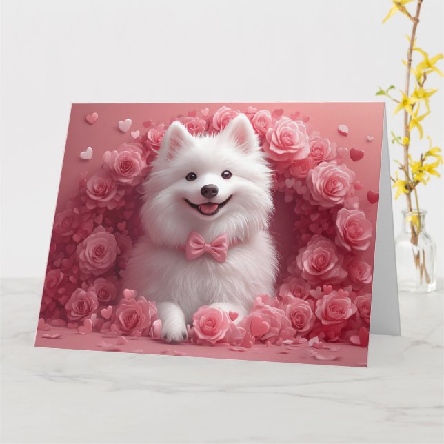 Amerikanisches Eskimo mit Rose - Valentinstag Karte (Gelbe Blume)