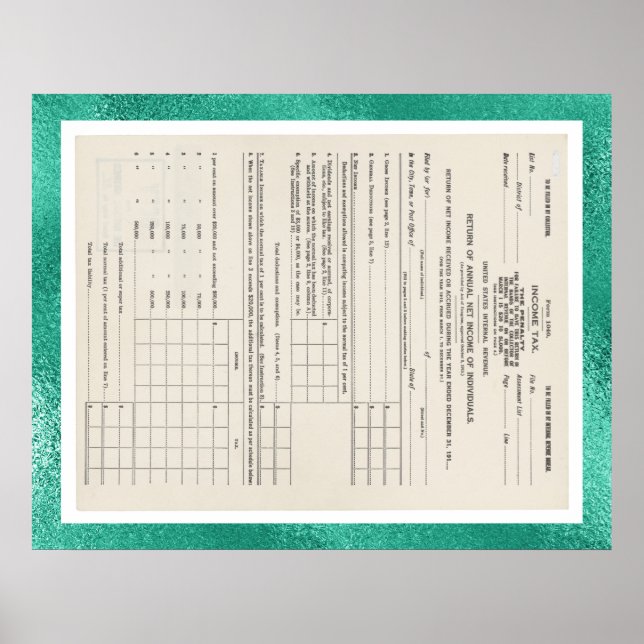Amerikas erstes Einkommensteuerformular 1040 Glas Poster (Vorne)