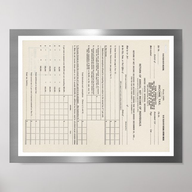 Amerikas erstes Einkommensteuerformular 1040 Poster (Vorne)