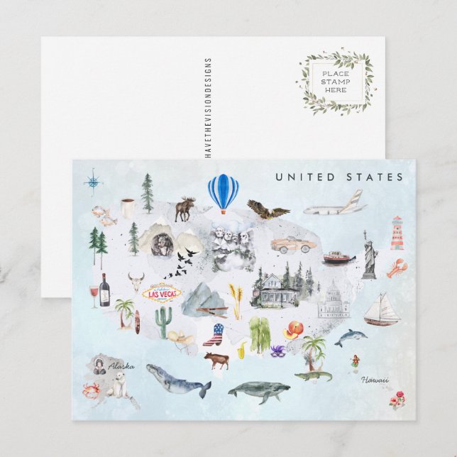 Amérique | Carte de l'aquarelle illustrée USA (Devant / Derrière)