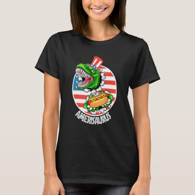 Amerisaurus American Dinosaurier Rex Eating Hot Do T-Shirt (Vorderseite)