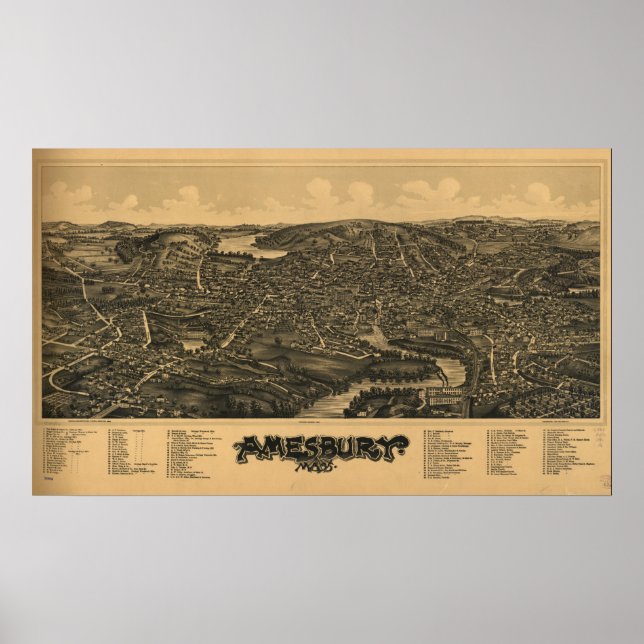 Amesbury Massachusetts 1890 Antique Panoramic Map Poster (Vorne)
