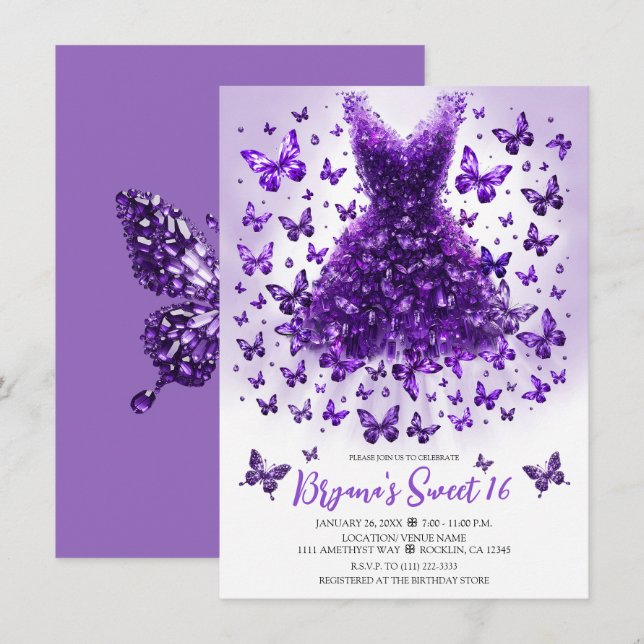 Amethyst Butterfly Dress Februar Birthstone Einladung (Vorne/Hinten)