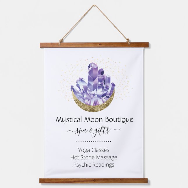 Amethyst Crystal Cluster Gold Crescent Moon Mystic Wandteppich Mit Holzrahmen (Vorderseite)