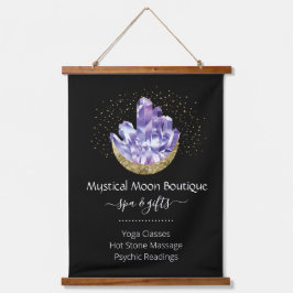 Amethyst Crystal Cluster Gold Crescent Moon Mystic Wandteppich Mit Holzrahmen