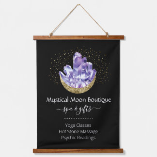 Amethyst Crystal Cluster Gold Crescent Moon Mystic Wandteppich Mit Holzrahmen