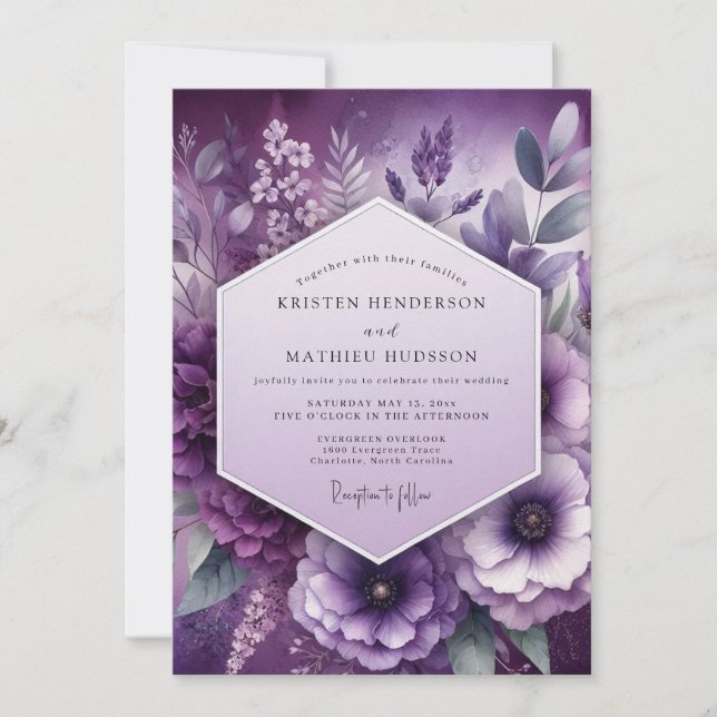Amethyst Floral Elegance Wedding Einladung (Vorderseite)
