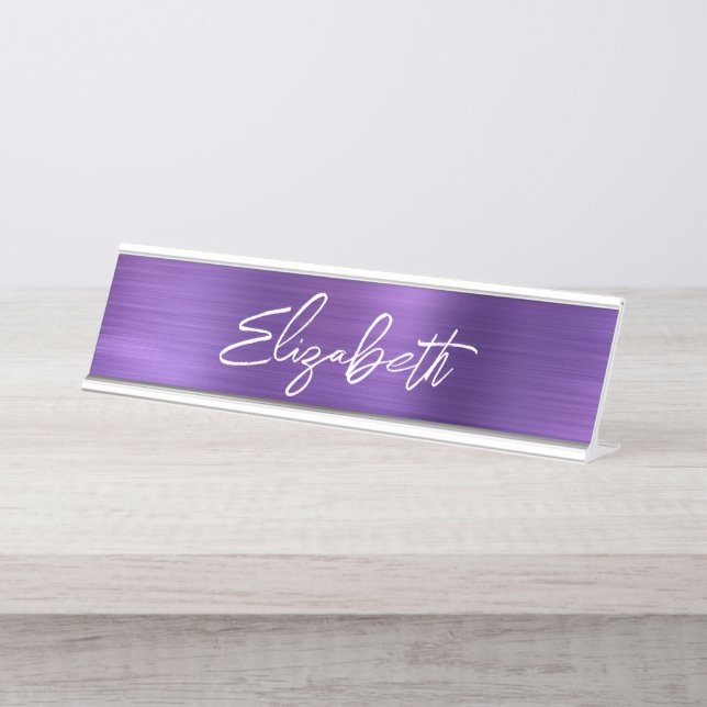Amethyst Foil Modern Brush Script Vorname Schreibtischnamensplakette (Vorderseite )