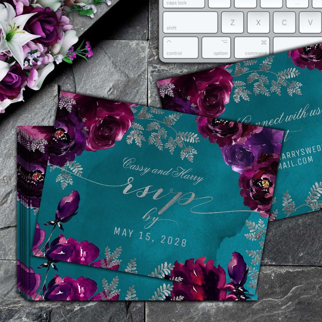 Amethyst Garnet Aquamarin Jewel Tone Online RSVP C Visitenkarte (Amethyst Garnet Teal Jewel Tone Online RSVP Card)