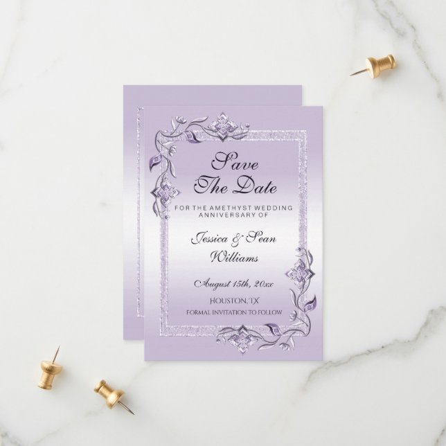 Amethyst Gem & Glitzer 33. Hochzeitstag Save The Date (Vorderseite/Rückseite Beispiel)