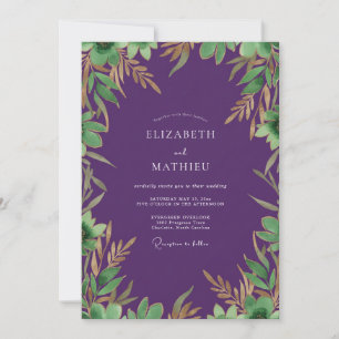 Amethyst-Gold-Laub-Eukalyptus-Hochzeit Einladung