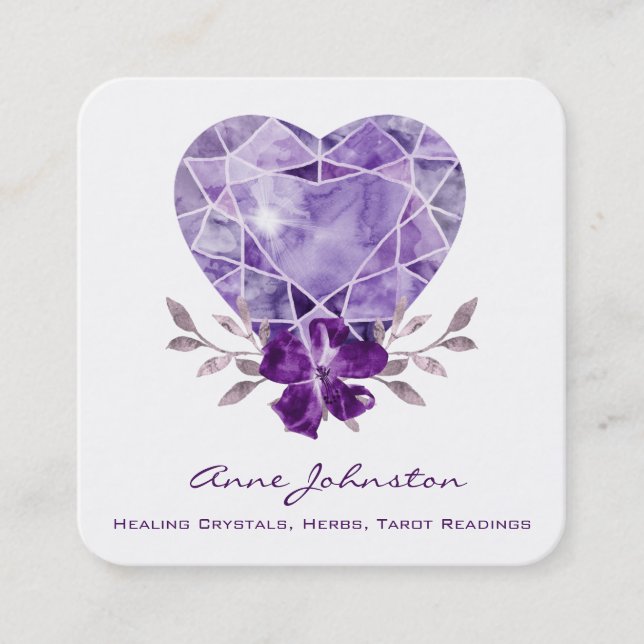 Amethyst Heart Floral Carré Carte de visite (Devant)