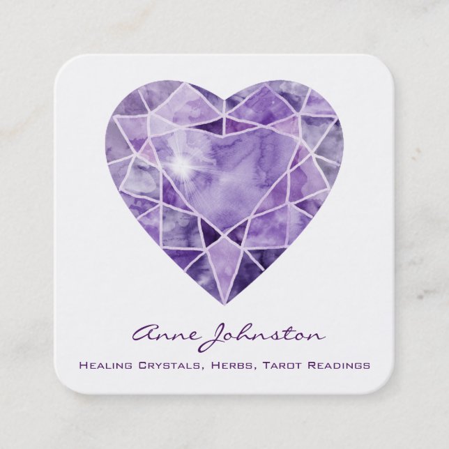 Amethyst Heart Square Business Card Quadratische Visitenkarte (Vorderseite)