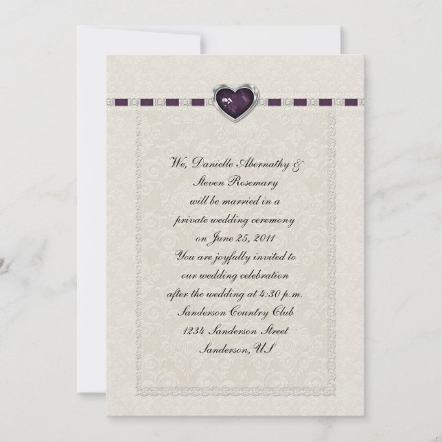 Amethyst Herz Lila Ribbon & Spitzen Hochzeit Einladung (Vorderseite)